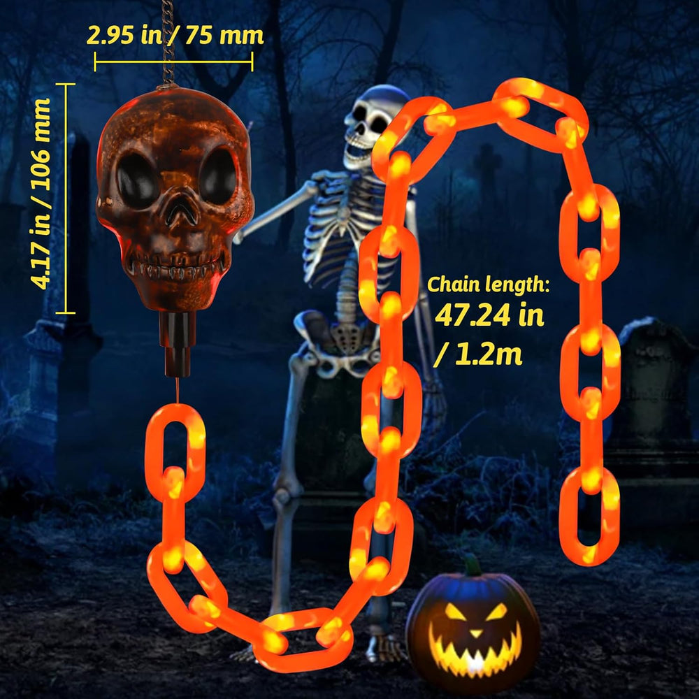 Halloween Decorations Outdoor Solar Skull Chain Lights,Light up Scary Skull with Orange Props Chain,For Skeleton Dog,8 Modes Lighted Halloween String Lights for Yard/Patio,Creepy Party Decor