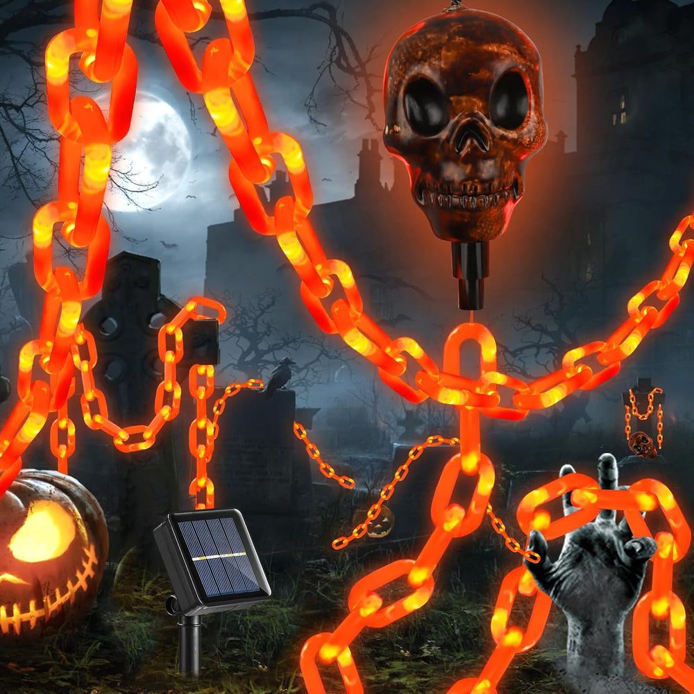 Halloween Decorations Outdoor Solar Skull Chain Lights,Light up Scary Skull with Orange Props Chain,For Skeleton Dog,8 Modes Lighted Halloween String Lights for Yard/Patio,Creepy Party Decor