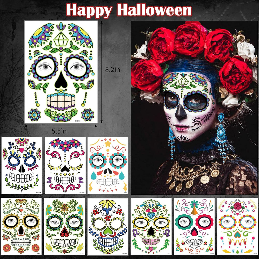 Day of the Dead Face Tattoos Makeup Kit, Sugar Skull Face Paint for Halloween Party Cosplay, 10 PCS Realistic Halloween Temporary Face Stickers for Adults Kids, Dia De Los Muertos Catrina Makeup