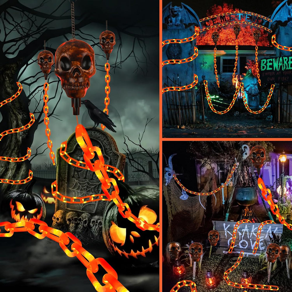 Halloween Decorations Outdoor Solar Skull Chain Lights,Light up Scary Skull with Orange Props Chain,For Skeleton Dog,8 Modes Lighted Halloween String Lights for Yard/Patio,Creepy Party Decor