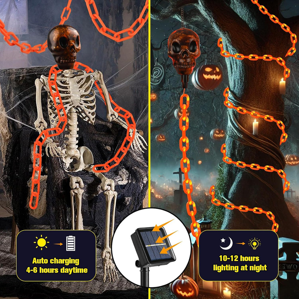 Halloween Decorations Outdoor Solar Skull Chain Lights,Light up Scary Skull with Orange Props Chain,For Skeleton Dog,8 Modes Lighted Halloween String Lights for Yard/Patio,Creepy Party Decor
