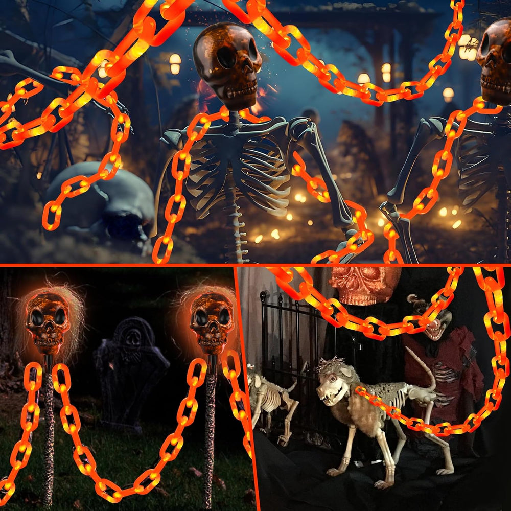 Halloween Decorations Outdoor Solar Skull Chain Lights,Light up Scary Skull with Orange Props Chain,For Skeleton Dog,8 Modes Lighted Halloween String Lights for Yard/Patio,Creepy Party Decor
