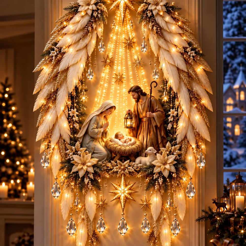 Décoration murale de Noël lumineuse — étoile de Bethléem et crèche
