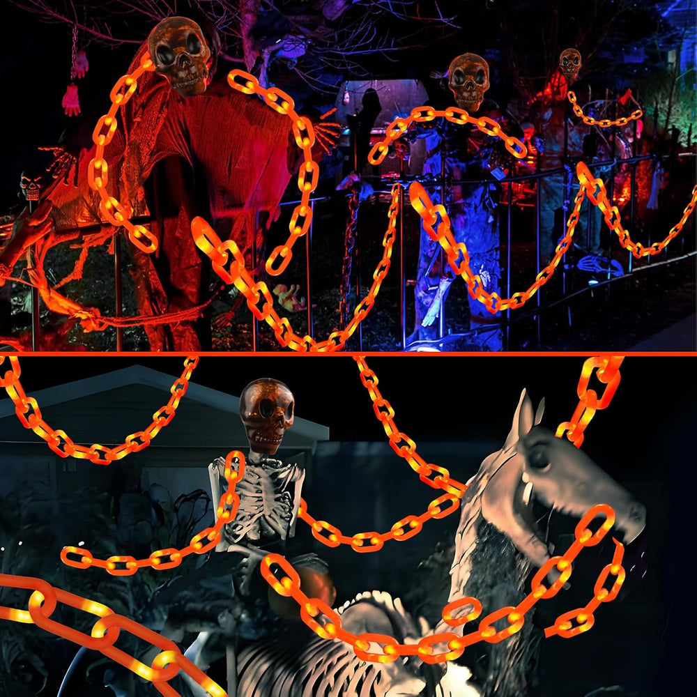 Halloween Decorations Outdoor Solar Skull Chain Lights,Light up Scary Skull with Orange Props Chain,For Skeleton Dog,8 Modes Lighted Halloween String Lights for Yard/Patio,Creepy Party Decor