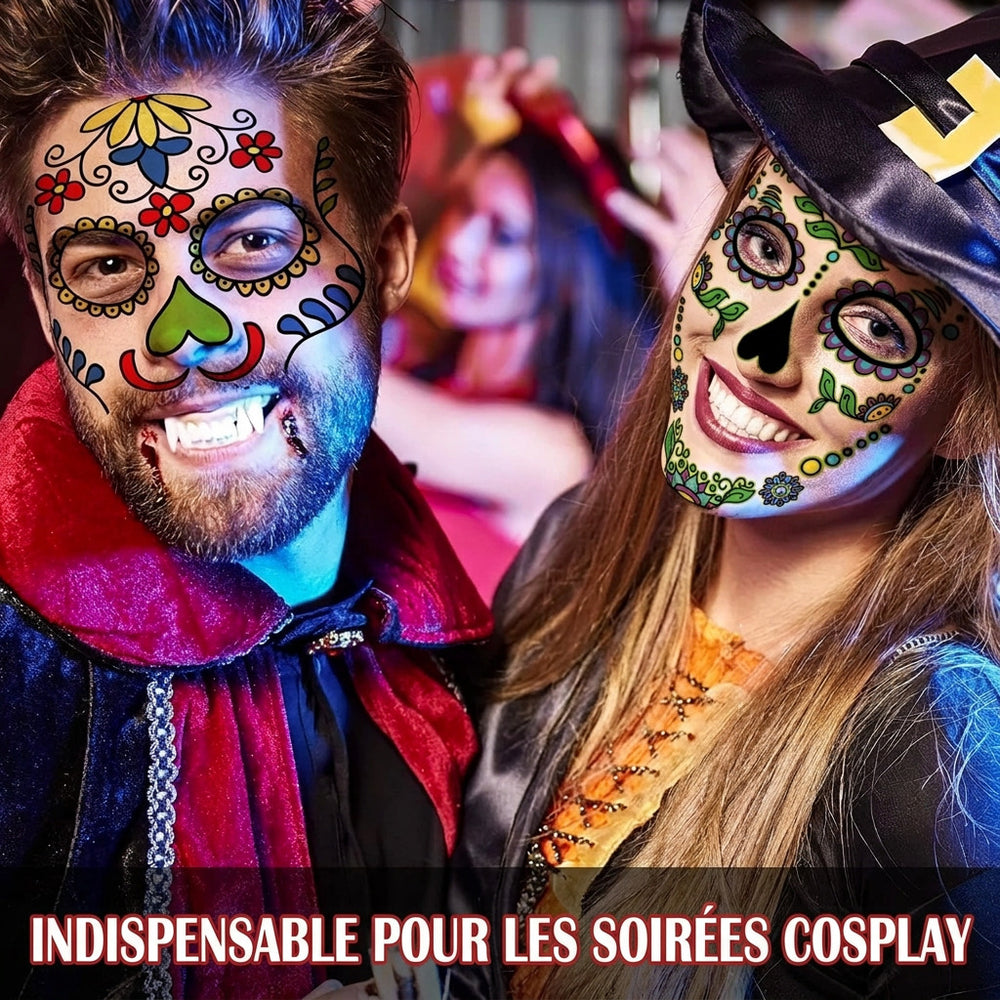Day of the Dead Face Tattoos Makeup Kit, Sugar Skull Face Paint for Halloween Party Cosplay, 10 PCS Realistic Halloween Temporary Face Stickers for Adults Kids, Dia De Los Muertos Catrina Makeup