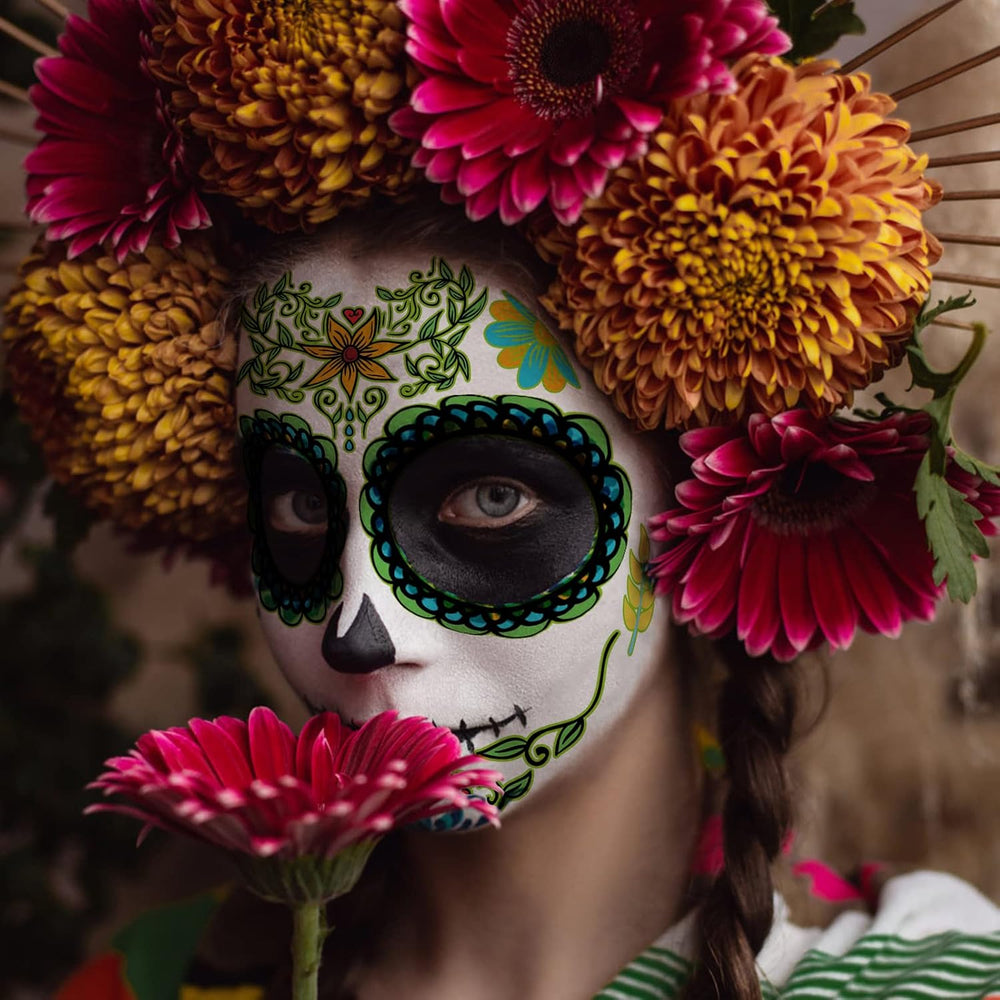 Day of the Dead Face Tattoos Makeup Kit, Sugar Skull Face Paint for Halloween Party Cosplay, 10 PCS Realistic Halloween Temporary Face Stickers for Adults Kids, Dia De Los Muertos Catrina Makeup