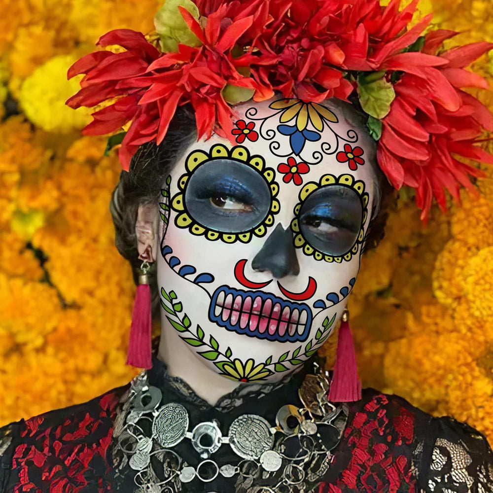 Day of the Dead Face Tattoos Makeup Kit, Sugar Skull Face Paint for Halloween Party Cosplay, 10 PCS Realistic Halloween Temporary Face Stickers for Adults Kids, Dia De Los Muertos Catrina Makeup