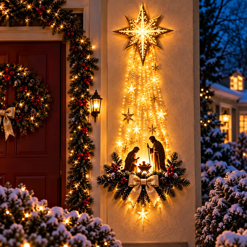 Décoration murale de Noël lumineuse — étoile de Bethléem et crèche