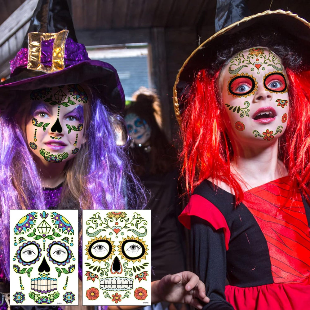 Day of the Dead Face Tattoos Makeup Kit, Sugar Skull Face Paint for Halloween Party Cosplay, 10 PCS Realistic Halloween Temporary Face Stickers for Adults Kids, Dia De Los Muertos Catrina Makeup