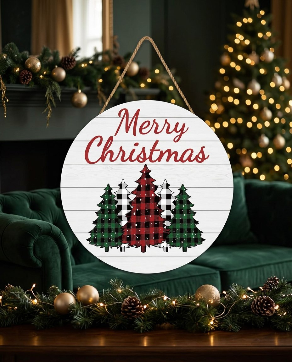 Décoration de porte de Noël – Sapins à carreaux
