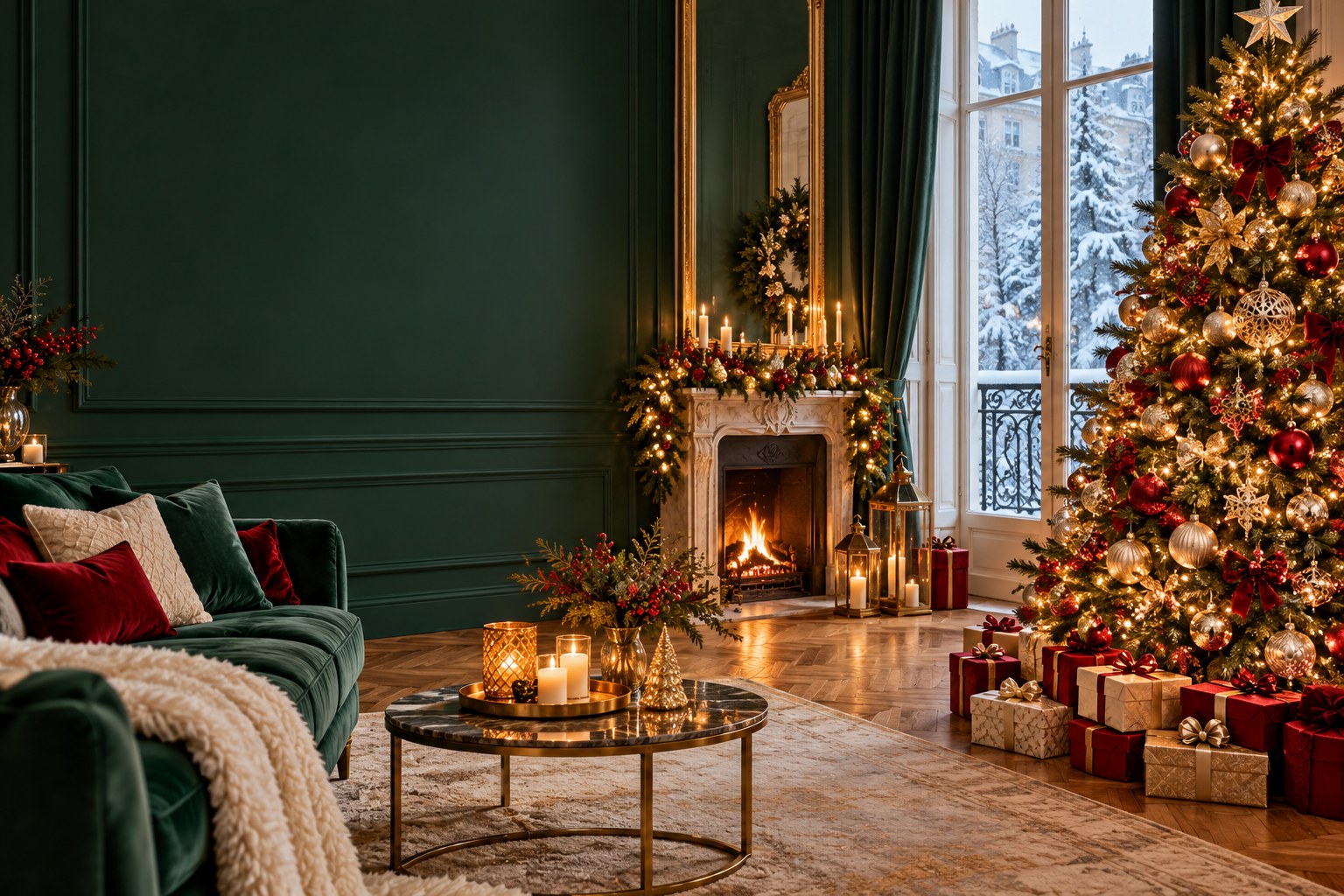 Salon décoré pour Noël avec un sapin illuminé