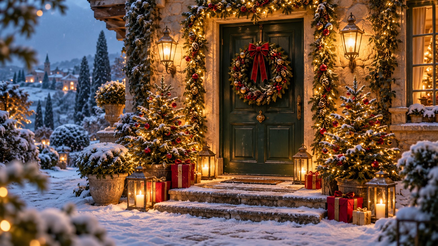 Entrée de maison enneigée décorée de sapins, de lanternes et de lumières dorées